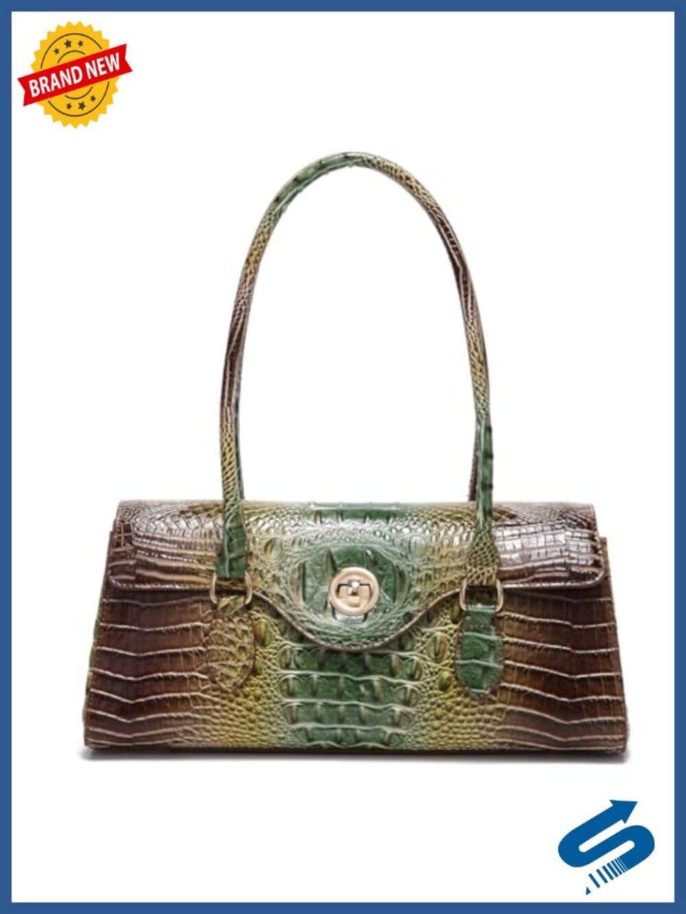 Leather Crocodile Pattern Top Handle Satchel Handbag with Detachable Strap